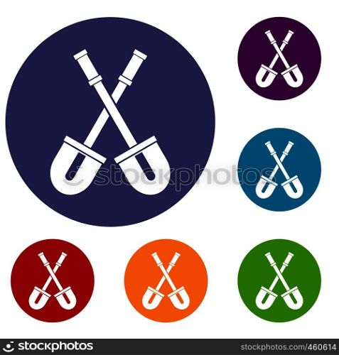 Shovels icons set in flat circle reb, blue and green color for web. Shovels icons set