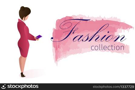 Show Bill Fashion Collection Online Application. Lettering on Watercolor Smear. Catalog Summer Models Online Clothing Store. Woman Wearing Fitting Dress, Holding Smartphone in her Hands.