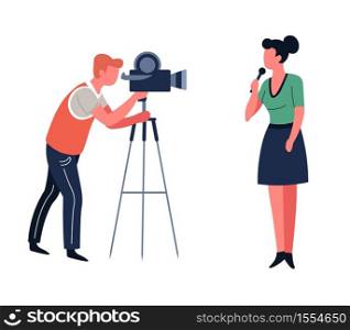 Show hosts or journalist and cameraman TV show or news shooting or filming vector reporter and operator television program broadcasting backstage video camera and woman with microphone reportage.. Journalist and cameraman TV show or news program shooting or filming