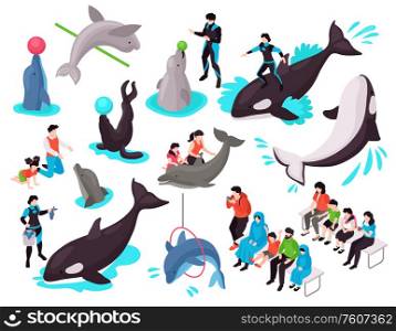 Show in dolphinarium isometric set with adult and child characters looking at seal dolphin orca performing exercises isolated vector illustration