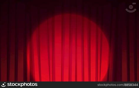 Show or festival announcement banner template. Vector cartoon illustration of closed red drapery curtains on theater or concert hall stage, illuminated by spotlight. Show or festival announcement banner template