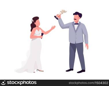 Show presenter and prize winner flat color vector faceless characters. Award ceremony isolated cartoon illustration for web graphic design and animation. Woman with microphone and man holding trophy. Show presenter and prize winner flat color vector faceless characters