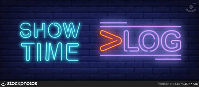 Show time on vlog neon sign. Creative lettering with additional lines. Vector illustration in neon style for video content or live streaming