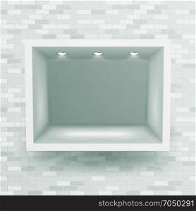 Show Window, Niche On Brick Wall Vector.. Empty Niche Vector. Realistic Brick Wall. Clean Shelf, Niche, Wall Showcase. Good For Presentations, Display Your Product. Illuminated Light Lamp