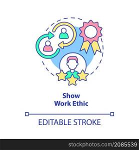 Show work ethic concept icon. Moral principles. Customer service tips abstract idea thin line illustration. Isolated outline drawing. Editable stroke. Roboto-Medium, Myriad Pro-Bold fonts used. Show work ethic concept icon