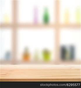 Showcase bottle shelves blurred over wooden tabletop. Vector illustration.