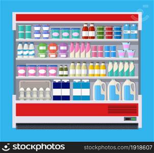 Showcase fridge for cooling dairy products. Different colored bottles and boxes in fridge. Refrigerator dispenser cooling machine. Milk, yogurt, sour cream, eggs. Vector illustration in flat style. Showcase fridge for cooling dairy products.