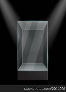 Showcase glass. Plastic empty box under spotlights isolated, transparent realistic mockup. Product presentation stand, exhibition dome with illumination. Vector 3d illustration on black background. Showcase glass. Plastic empty box under spotlights isolated, transparent realistic mockup. Product presentation stand, exhibition dome with illumination. Vector 3d illustration