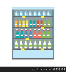 Showcase Refrigerator Drinks. Blue showcase refrigerator for cooling drinks in bottles. Different colored bottles in blue drinks fridge. Fridge dispenser cooling machine. Isolated object in flat design on white background.