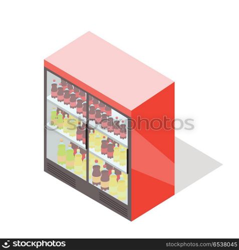Showcase Refrigerator for Cooling Drinks in Bottle. Showcase refrigerator for cooling drinks in bottles. Fridge dispenser cooling machine. Isolated object in flat style design. Vertical refrigerator with transparent front panels. Vector illustration