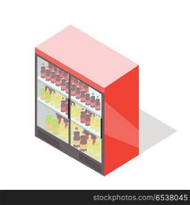 Showcase Refrigerator for Cooling Drinks in Bottle. Showcase refrigerator for cooling drinks in bottles. Fridge dispenser cooling machine. Isolated object in flat style design. Vertical refrigerator with transparent front panels. Vector illustration