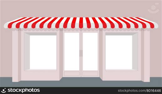 Showcase shop. Rose Shop building. Striped awning store. Facade of new store. Windows and doors.&#xA;