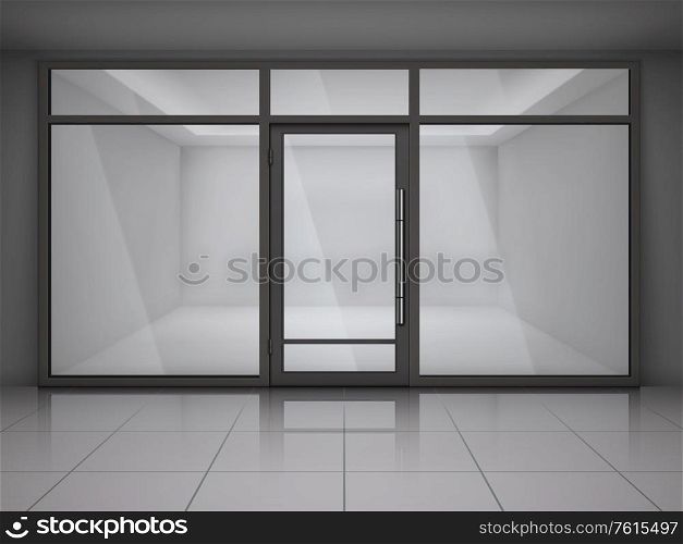 Showcase store windows realistic composition with empty office or shop in grey colors vector illustration