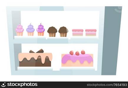 Showcase with baked desserts inside. Chocolate and biscuit cupcakes and cakes decorated with berries and buttercream. Delicious pastry on stand in confectionery. Vector illustration in flat style. Showcase with Muffins and Cakes, Confectionery