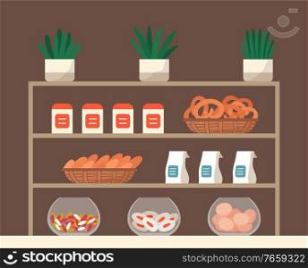 Showcase with confectionery inside. Biscuits, cookies and candies on rack in market or bakery. Delicious pastry on stand, tasty pretzels and kringles. Vector illustration of sweeties in flat style. Showcase with Pastry Like Cookies and Candies