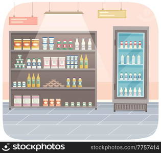 Showcase with groceries in the store. Fridge for cooling dairy products. Different colored bottles and boxes on shelves. Refrigerator dispenser cooling machine, shop equipment, goods in supermarket. Showcase with groceries in the store. Fridge for cooling dairy products. Colored bottles and boxes