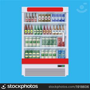 Showcases refrigerators for cooling drinks in bottles and cans. Different colored bottles and cans with beer in fridges. Cooling machine for shop. Vector illustration in flat style. Showcases refrigerators for cooling drinks