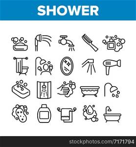 Shower Bathroom Tool Collection Icons Set Vector. Shower Water Drop And Bath, Mirror And Towel, Soap With Bubbles And Shampoo Concept Linear Pictograms. Monochrome Contour Illustrations. Shower Bathroom Tool Collection Icons Set Vector