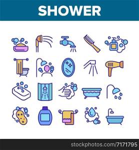 Shower Bathroom Tool Collection Icons Set Vector. Shower Water Drop And Bath, Mirror And Towel, Soap With Bubbles And Shampoo Concept Linear Pictograms. Color Contour Illustrations. Shower Bathroom Tool Collection Icons Set Vector