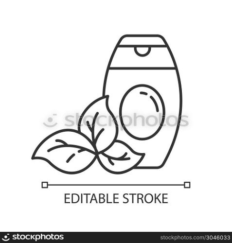 Shower gel bottle linear icon. Bubble bath. Body wash. Beauty product. Shampoo. Haircare. Organic cosmetics. Thin line illustration. Contour symbol. Vector isolated outline drawing. Editable stroke