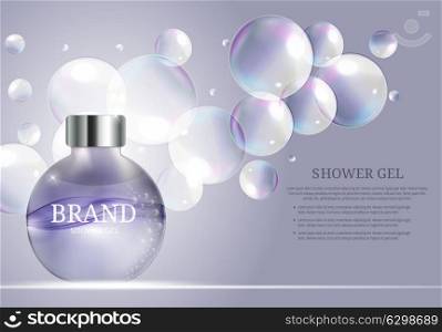 Shower Gel Bottle Template for Ads or Magazine Background. 3D Realistic Vector Iillustration. EPS10. Shower Gel Bottle Template for Ads or Magazine Background. 3D Re