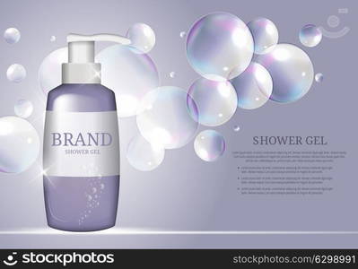 Shower Gel Bottle Template for Ads or Magazine Background. 3D Realistic Vector Iillustration. EPS10. Shower Gel Bottle Template for Ads or Magazine Background. 3D Re