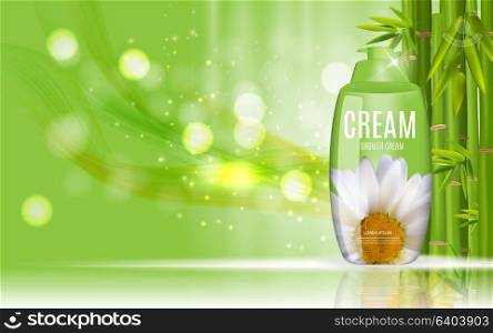 Shower Gel, Cream Bottle with Flowers Chamomile Template for Ads, Announcement Sale, Promotion New Product or Magazine Background. 3D Realistic Vector Iillustration. EPS10. Shower Gel, Cream Bottle with Flowers Chamomile Template for Ads