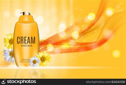 Shower Gel, Cream Bottle with Flowers Chamomile Template for Ads, Announcement Sale, Promotion New Product or Magazine Background. 3D Realistic Vector Iillustration. EPS10. Shower Gel, Cream Bottle with Flowers Chamomile Template for Ads