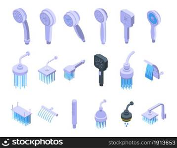 Shower heads icons set isometric vector. Water bathroom. Falling hose. Shower heads icons set isometric vector. Water bathroom