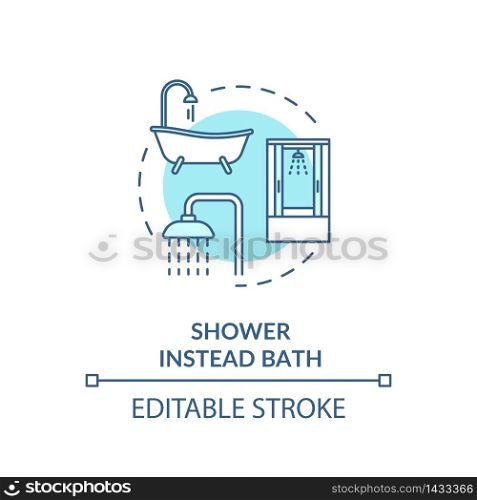 Shower instead bath turquoise concept icon. Efficient water consumption. Personal hygiene. Resource saving idea thin line illustration. Vector isolated outline RGB color drawing. Editable stroke. Shower instead bath turquoise concept icon
