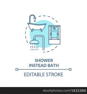 Shower instead bath turquoise concept icon. Efficient water consumption. Personal hygiene. Resource saving idea thin line illustration. Vector isolated outline RGB color drawing. Editable stroke. Shower instead bath turquoise concept icon