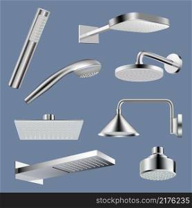 Shower realistic. Bathroom equipment steel shower heads with water drops hygiene washing items decent vector collection set. Illustration bathroom equipment, shower head collection. Shower realistic. Bathroom equipment steel shower heads with water drops hygiene washing items decent vector collection set