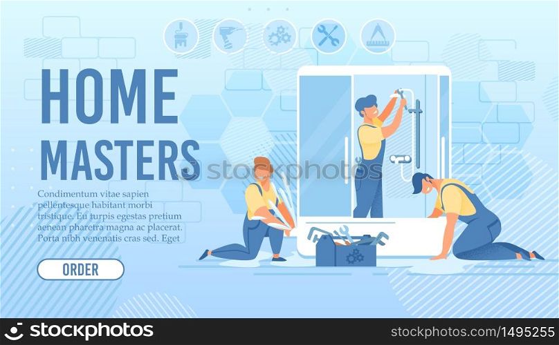 Shower Stall Installation and Repair. Home Master Order Flat Landing Page. Cartoon Plumbers and Repairmen Team in Uniform at Work in Bathroom. Household and Renovation. Vector Illustration. Shower Stall Installation and Repair Landing Page