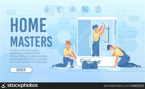Shower Stall Installation and Repair. Home Master Order Flat Landing Page. Cartoon Plumbers and Repairmen Team in Uniform at Work in Bathroom. Household and Renovation. Vector Illustration. Shower Stall Installation and Repair Landing Page
