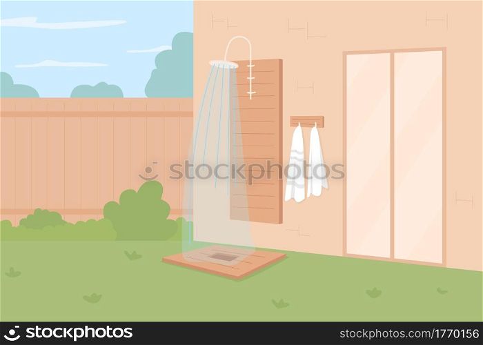 Showering outdoors flat color vector illustration. Garden shower enclosure. Backyard decorating. Enjoying cool down in summer. Open-air refreshing 2D cartoon shower with beach home on background. Showering outdoors flat color vector illustration