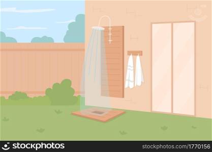 Showering outdoors flat color vector illustration. Garden shower enclosure. Backyard decorating. Enjoying cool down in summer. Open-air refreshing 2D cartoon shower with beach home on background. Showering outdoors flat color vector illustration