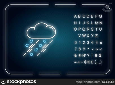 Showers neon light icon. Outer glowing effect. Rainy season, weather forecasting, meteorology sign with alphabet, numbers and symbols. Raining cloud vector isolated RGB color illustration. Showers neon light icon