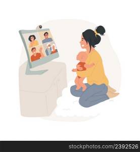 Showing newborn isolated cartoon vector illustration. Mother holding newborn baby having video chat with relatives, happy parents showing infant on camera, online communication vector cartoon.. Showing newborn isolated cartoon vector illustration.