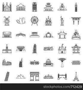 Showplace icons set. Outline style of 36 showplace vector icons for web isolated on white background. Showplace icons set, outline style