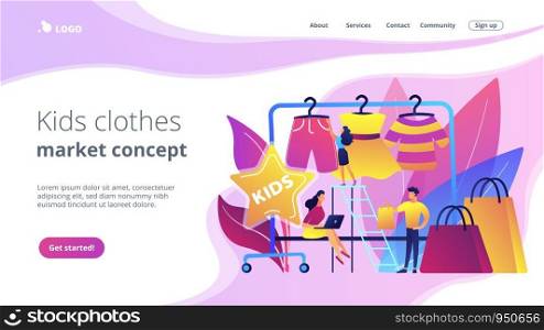 Showroom with kids clothes on hangers, designer and customers with shopping bags. Kids fashion, baby style showroom, kids clothes market concept. Website vibrant violet landing web page template.. Kids fashion concept landing page.