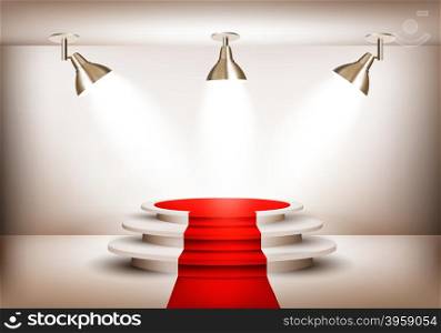 Showroom with red carpet leading to a podium and three lights. Vector