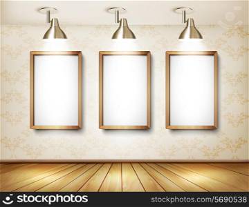 Showroom with wooden floor, white boards and lights. Vector.