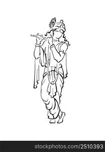 Shri Krishna, Govinda, playing bansuri flute. Elegant silhouette of Vasudeva, hand drawn sketch. Isolated editable design element for prints, decor, web. Part of Hindu Deities Outline series. Lord Krishna in beautiful clothes and crown, playing bansuri flute. God of protection, love, compassion. Original sketch