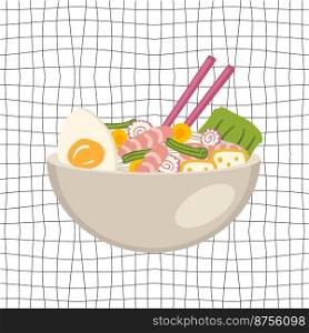 Shrimp asian food ramen soup with prawns and onions. Perfect for tee, stickers, menu and stationery. Vector illustration for decor and design.