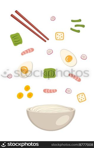 Shrimp asian ramen soup ingredients falling into a bowl of noodles. Perfect for tee, stickers, menu and stationery. Vector illustration for decor and design.