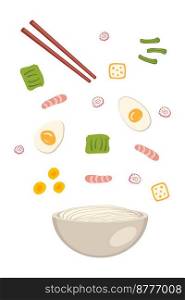 Shrimp asian ramen soup ingredients falling into a bowl of noodles. Perfect for tee, stickers, menu and stationery. Vector illustration for decor and design.