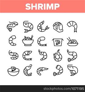 Shrimp Food Collection Elements Icons Set Vector Thin Line. Shrimp Fresh And Cooked, Sushi And Soup, Appetizer And Delicacy Concept Linear Pictograms. Monochrome Contour Illustrations. Shrimp Food Collection Elements Icons Set Vector