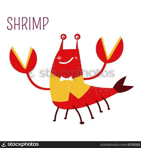 Shrimp in vest and bowtie childish book cartoon character. Prawn in official clothes humanized caricature. Underwater creature for fairy tale and story for kids isolated vector illustration.. Shrimp in vest and bowtie childish book character