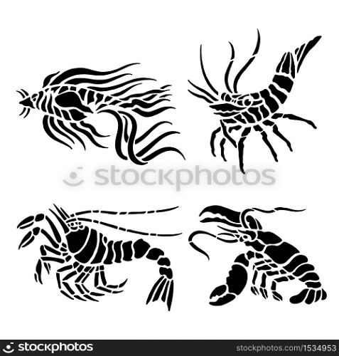 Shrimp Seafood Water Animal Food Black Silhouette icon Vector