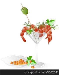 shrimps and red caviar in a crystal tableware with leaves of parsley, olive and dill